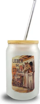 Produktbild von Lieber im Stall als im Büro Trinkglas mit Bambusdeckel Pferdemädchen