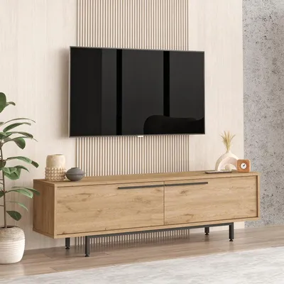 Obrázek produktu pro TV stolek – 160x36x45 cm – Dřevotříska s povrchovou úpravou imitující dubové dřevo – 2 dvířka – Úložná skříň