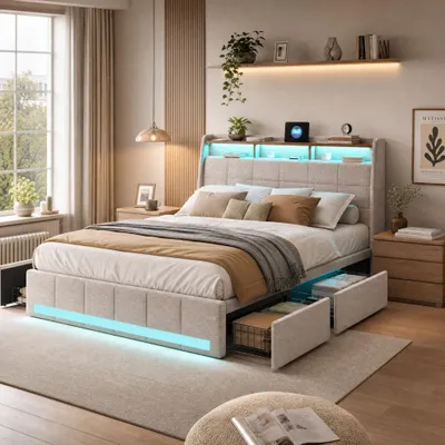 Imagen del producto de Cama tapizada de 140x200 cm con luces LED en la cabecera y puerto USB, cama doble con 4 cajones, estructura de cama con somier, color lino, color beige (sin colchón)
