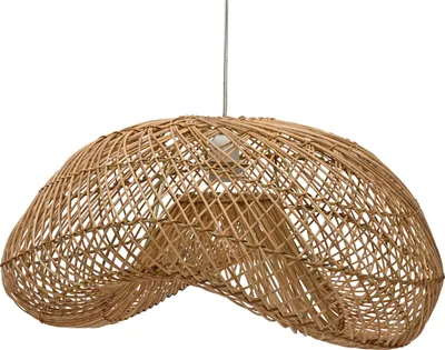 A rattan pendant light fixture against a white background.