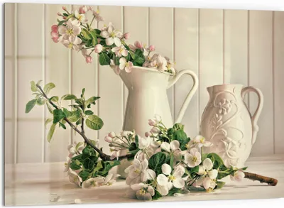 Produktbild von DEQORI Küchenrückwand Glas 60x40 cm 'Apfelblüten im Krug' Spritzschutz Bad Rückwand