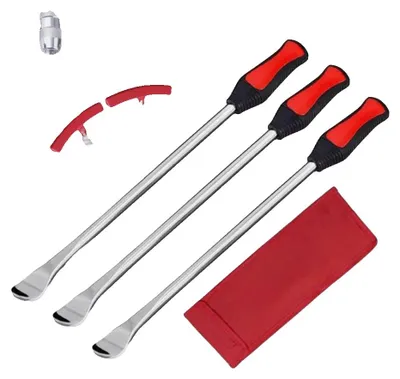 Zdjęcie produktu dla Dźwignia do wymiany opon, długość 30 cm, wykonana ze stali węglowej i tworzywa sztucznego, waży 0,4 kg, kompatybilna z większością opon motocyklowych, idealna do naprawy opon.