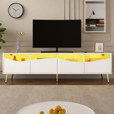 Produktbild von Fortuna Lai TV-Schrank 180 x 40 x 50 cm mit LED-Beleuchtung – Weiß, Goldene Metallfüße, Glasfront und Stauraum – Lowboard für Wohnzimmer