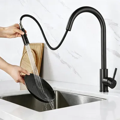 Produktbild von AICA Hochdruck Küchenarmatur ausziehbar mit 2 Strahlarten Spültischarmatur 360° drehbar mit Brause Edelstahl Einhebelmischer Schwarz Matt