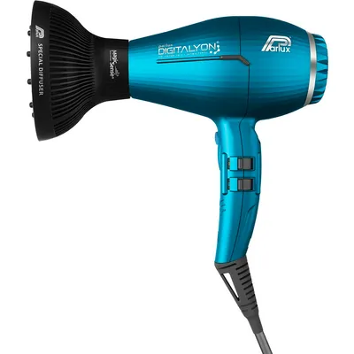 A blue Parlux Digitalyon hairdryer with a black diffuser attachment is shown against a white background.