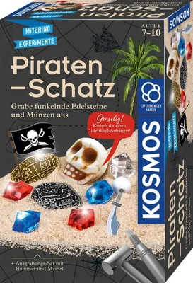 A box of a pirate treasure excavation kit, showing the contents like gems, coins, and tools.