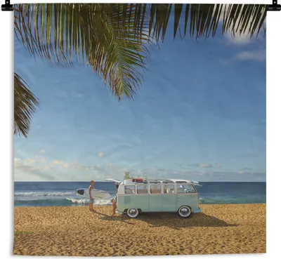 Produktbild von MuchoWow® Wandteppich Wandbehang Strand - Bus - Surfen 60x60 cm Tapisserie Dekoration Wandtuch - Dekorationen - Wand Decke