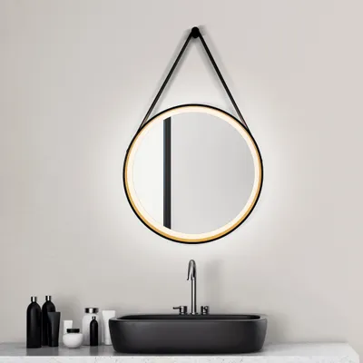 Produktbild von LED Wandspiegel 55 cm, schwarz gold, Alu, neutralweiß, IP24, Lederband