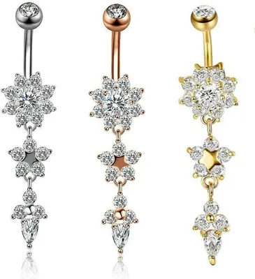 Produktbild von 3er Set Bauchnabelpiercing Gold / Silber / Rosé Zirkonia Anhänger Strass Kristall Ornament EDEL
