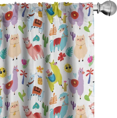 Produktbild von ABAKUHAUS Tier Vorhänge, Gardinen, Kindergarten Spielzimmer Muster mit Lama-Alpaka-Kaktus und Blätter Netten Kindheits, 2 Stück 75 x 245 cm, Mehrfarbig
