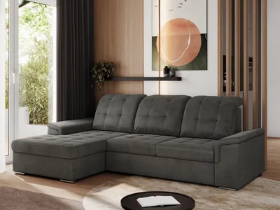 Produktbild von MKS MEBLE Sofa mit Schlaffunktion - Ecksofa mit Schlaffunktion und Bettkasten - Sofa 3 Sitzer - Schlafsofa - Couch - Schlafsofa mit Bettkasten - Madrito L - Dunkelgrau Velvet - Links Seite