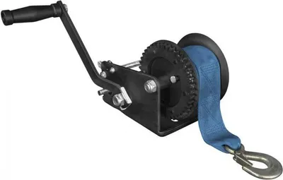 A black manual winch with a blue strap and a metal hook, shown against a white background.