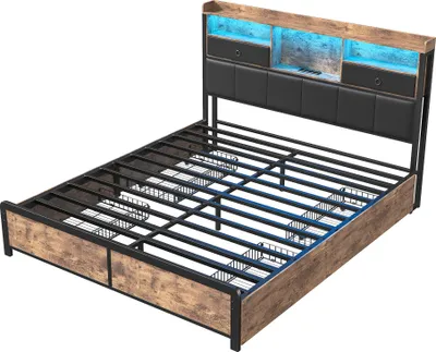 Produktbild von Metallbett Doppelbett Polsterbett 140x200cm, Doppelbett mit USB und 4 Schubladen, Stauraumbett Jugendbett mit Lattenrost und Led, Funktionsbett Massivholzbett, PU
