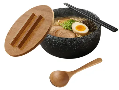 Ramenkom-Set 1200 ml, Keramik, mit Deckel, Löffel & Stäbchen