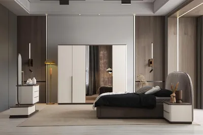 Produktbild von Moderne Garnitur Polsterbett Kleiderschrank Schminktisch Nachttische