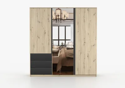 Produktbild von Kleiderschrank ARUA 19 180 cm Artisan-Schwarz mit Spiegel, 3-türiger Drehtürenschrank mit 3 Schubladen, 7 Einlegeböden und 2 Kleiderstangen