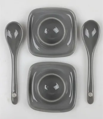 Produktbild von 2 Keramikeierbecher 7,5x7,5x5,5 cm mit 2 Löffeln 2-farbig 4er-Set | Frühstück & Eier stilvoll servieren | Robust, spülmaschinenfest