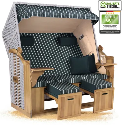 Produktbild von Strandkorb Ostsee 2,5-Sitzer 150cm breit in Beige Grün Weiß Nadelstreifen Montiert ideal für Balkon, Terrasse oder Garten