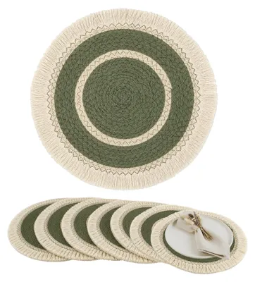 Produktbild von Platzsets Boho Rund mit Fransen 28cm, Geflochtene Dekorationsunterlage Tischdeko Seegras, Grün 8 Stück