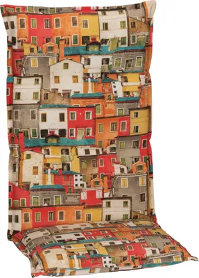 A chair cushion with a vibrant print of colorful buildings.