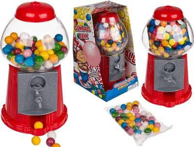Three gumball machines and a bag of gumballs are displayed against a white background.