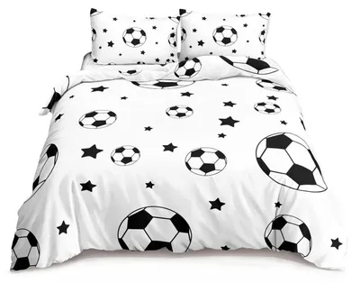 Obrázok produktu pre Postelné obliečky s motívom futbalu, 200x200 cm, pre deti, chlapcov, tínedžerov. Sada obsahuje: obliečka na prikrývku, obliečka na vankúš (2 ks, 80x80 cm). Farba: biela. Zapínanie: zips. Materiál: mikrovlákno