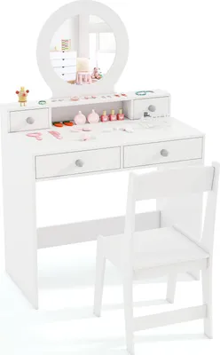 Produktbild von DREAMADE Kinder-Kosmetikset mit Spiegel, Kosmetiktisch-Set mit offenem Regal und 4 Schubladen, Schminktisch und Stuhl-Set, ab 3 Jahren (Weiß)
