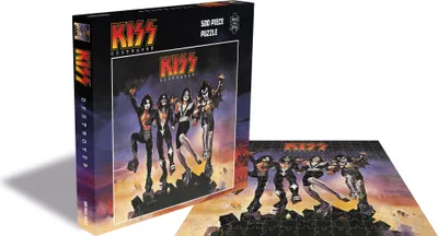 A product shot of a KISS Destroyer 500-piece puzzle box and a partially assembled puzzle.