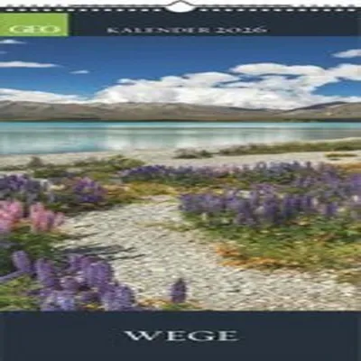 A scenic landscape with a lake, mountains, and lupine flowers, with text overlays indicating it's a calendar.