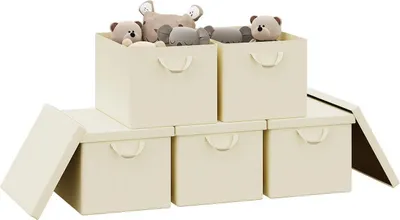 Produktbild von WOLTU 5er Set Aufbewahrungsboxen mit Deckel, mit Griffen, faltbar, Creme, 51L(48x36x30 cm)