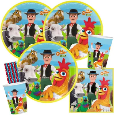 Imagen del producto de Set de fiesta para granja, incluye: 8 platos, 8 vasos, 20 servilletas, ideal para fiestas de cumpleaños infantiles