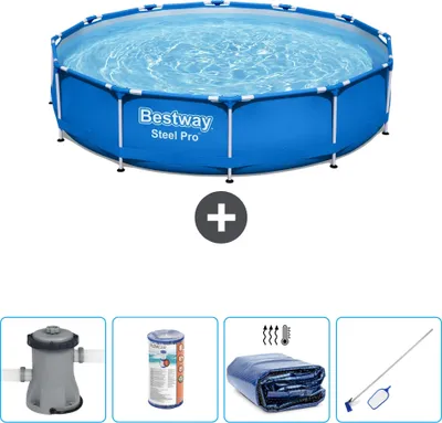 Produktbild von Bestway Round Steel Pro Swimmingpool – 366 x 76 cm – Blau – inklusive Pumpe Filter - Sonnensegel - Reinigungskit