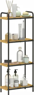 Image de Étagère de salle de bain en bambou - Étagère de rangement montée au mur - 4 étagères ouvertes - Structure en acier - Design à lattes - 41,5 x 21,5 x 106 cm - Kaki