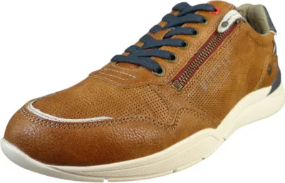A single brown men's shoe is shown against a white background.