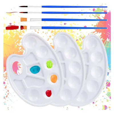 Produktbild von Farbpaletten, 3 Stück Mischpalette mit 4 Pinseln für Mal- und Bastelarbeiten, Weiß