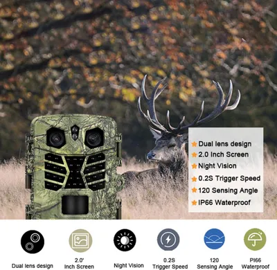 Productafbeelding van Wildcamera's met nachtzicht, bewegingsdetectie, waterdicht, 4K trailcamera, 48 megapixels, jachtcamera met dubbele lens, supersterrenbeeld