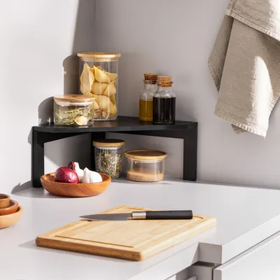 Produktbild von Navaris Eckregal aus Bambus - Regal aus Holz für Küche Bad - Kücheneckregal stehend für Arbeitsplatte Schrank Büro - 1 Ebene - Organizer Schwarz