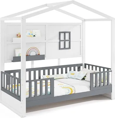 Produktbild von Hausbett 90x200 cm, Kinderbett mit Rausfallschutz und 2 Regalen, Holzbett in Hausform mit Fenster & Lattenrost, Montessori-Bodenbett, Weiß + Grau