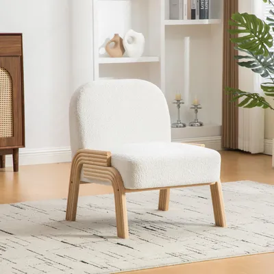 Produktbild von okwish Loungesessel Posterstuhl mit Rückenlehne Armlehnenloses Design Holzgestell Moderner Stil Chenille Elfenbein