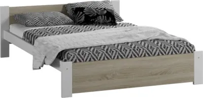 Produktbild von Bett 120x200, Bettgestell 120x200, Holzbett 120x200 | Massivholz Kiefer & Möbelplatte | Stabil & Langlebig | 205x132x58.5 cm (BxTxH) | Weiß mit Sonoma Eiche