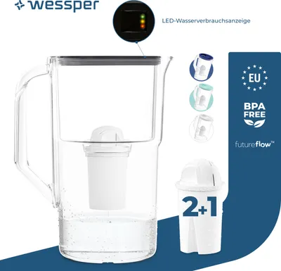 Image de Wessper Carafe filtrante 3,3 litres avec compteur LED Classic Carafe filtrante compatible avec le filtre Brita Classic - noir | 3x filtres inclus