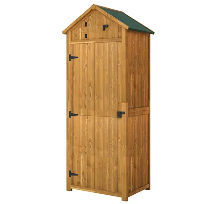 Produktbild von Gartenhaus aus Holz, Ger?teschuppen, 3 Regalb?den, 2 Tš¹ren mit Schnappverschluss, bitumenbeschichtetes Schr?gdach, Aufbewahrungsm?glichkeit fš¹r Terrasse und Garten, 77 x 54 x 179 cm, gelb