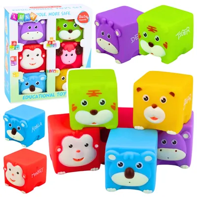 Productafbeelding van Set zachte rubberen blokken educatieve dieren kleurrijk 6 stuks.