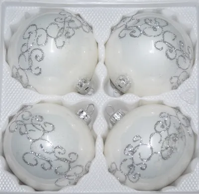 Produktbild von 4 tlg. Glas-Weihnachtskugeln Set 8cm Ø in Hochglanz Weiss Silberne Ornamente