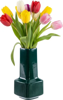 Image de Vase Vase de fleurs en céramique avec rainures Vert bouteille H 20 cm Brillant Vase de table décoratif Vases Fleurs Déco Moderne Glamour, motif tridimensionnel, inspiration florale, bouquets de fleurs vivants
