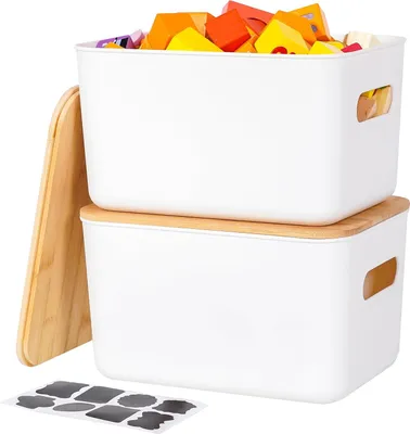 Image de Boîte de rangement en bambou avec couvercle - Lot de 2 paniers de rangement en plastique pour la cuisine et la chambre à coucher - 26 x 17,8 x 15,5 cm