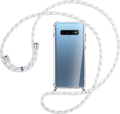 Produktbild von Handykette Backcover-Schutzhülle mit Band (Metall silberfarben) für Samsung Galaxy S10+ / S10 Plus - weiß/grau