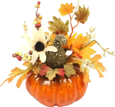 Produktbild von Kürbis Deko, Künstliche Kürbis-Dekorationen, mit Sonne Blume, Kürbis Tischdekoration für Halloween Thanksgiving Erntedankfest Herbst Dekoration