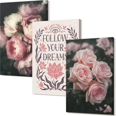 Produktbild von Leinwandbilder – Wandbilder – Leinwandbild – Canvas Bild – Polycanvas – Kunstdruck –  – Modern – Aufhängefertig – Mehrteilig – 3-Teilig – 40x60 Cm Pro Bild - Vintage-Rosen mit der Aufschrift „Träume“