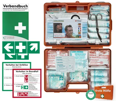 Produktbild von Verbandskoffer/Verbandskasten (G) -Paket 1- Erste Hilfe nach aktueller DIN 13169 für Betriebe -DSGVO- INKL. PERFORIERTEM VERBANDBUCH + Folienaufkleber